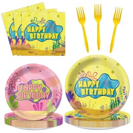 Yellow Cartoon Birthday Party Tableware Set – Ocean Theme Plates, Napkins, Forks, Disposable Party Decorations for Kids Birthday, Sea Underwater Theme Supplies for 24 Guests