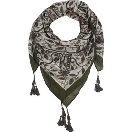 fashionchimp Women's Scarf with Decorative Tassels and Pattern Mix Embroidery Fringe Scarf Triangle Scarf, Olive Blossoms