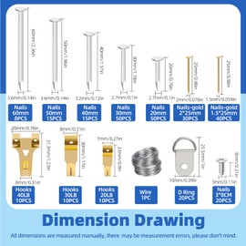 Glarks 279pcs Picture Hanging Equipment, Hanging Hardware with Hooks, Wire, Nails, D-Ring, Wall Hanging Equipment, Heavy Duty Picture Hanger, Frame Hook Hardware