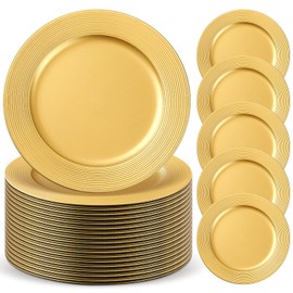 Maxdot 50 Pcs Gold Charger Plates Bulk 13 Inch Round Dinner Charger with Ring Pattern Reusable Plastic Wedding Elegant Plate for Wedding Birthday Party Event Decoration Table Settings