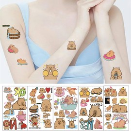 Funny Capybara Temporary Tattoos,10sheet Themed Animal Birthday Party Decorations Favors Supplies Cute Brown Capy Mouse Tattoo Stickers Gifts For Boys Girls Kids School Prizes Carnival Christmas
