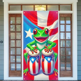BlissYard Puerto Rico Flag Frog Door Banner 71x35 Inch, Puerto Rican Door Cover with Drum Frog Design, Front Door Porch Decoration for Outdoor Home Party Festival Decor