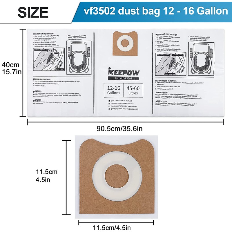 3 Pack VF3502 Shop Vac Bags, Compatible with Ridgid Vacuum