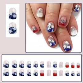 KTAABTR Independence Day Short Press on Nails Short Square 4th of july Patriotic Fake Nails with Glue Red White Blue French Tip False Nails for Women DIY Manicure Holiday Acrylic Nails