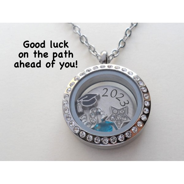Custom Graduate Circle Floating Charm Locket Necklace, Stainless Steel Locket,