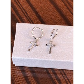 Beautifuljewelrynyc 925 Sterling Silver Cz Double Cross Dangle Huggie Hoop Earrings 29mm/ 13.5mm