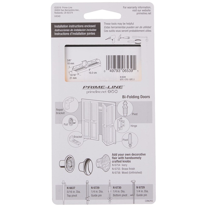 Prime-Line N 6539 7/8 In., White Nylon, Top Mount Bi-Fold