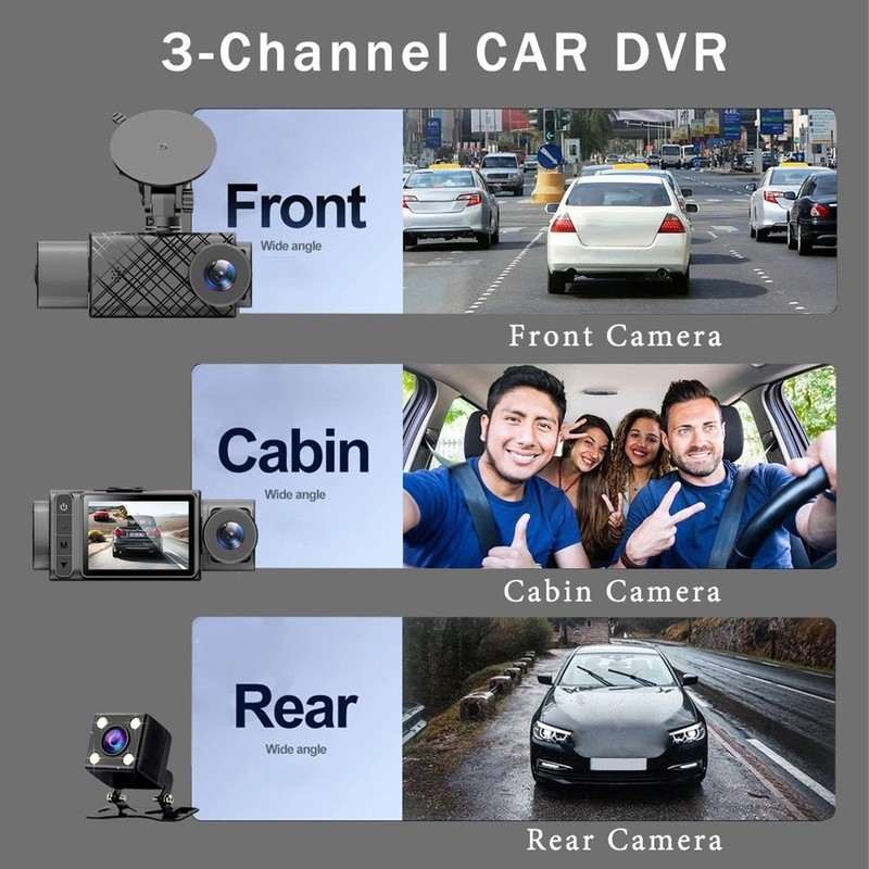 2in Dash Cam Camera 3 Lens DC12 to 24V 1920x1080P