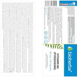Vitamin B6 (Pyridoxine) 100 mg, 100 Capsules | High Strength Vitamin B6 Supplement | 100 Day Supply, BIOHERBA