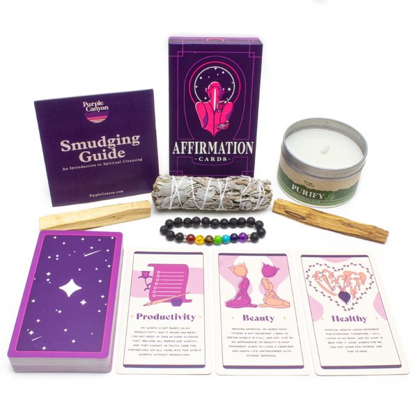 PURPLE CANYON Self Care Meditation Gift for Women or Men, Stress Relief Gift Set for Meditation, with Affirmation Cards, Smudge Kit, & Chakra Bracelet