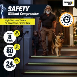 Grip Tape for Stairs 30" x 8" - 8-Pack Outdoor Stair Treads Non-Slip Weather Resistant - Anti Slip Tape for Exterior Wooden Steps - Glow in The Dark Waterproof 80-Grit Adhesive Treads by Thunder Grip