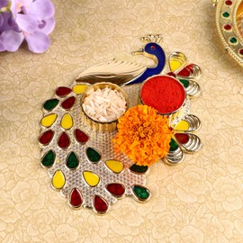SATVIK 1 Pc Multi Designer Kankavati Thali Roli Chawal/Rice Holder with Lid, Kumkum Haldi Holder Rakhi Pooja Thali Indian Festival Diwali Pujan Mandir Tika Roli Plate Housewarming Gifts Items Pack