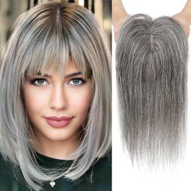 REECHO Real Human Hair Toppers for Women, 10 inch with Bangs, for Thinning Hair, Grey