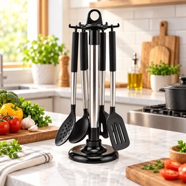 Stainless Steel Rotating Utensil Rack with 6 Hooks – 360° Countertop Kitchen Organizer Stand for Spatulas, Spoons and Cooking Tools