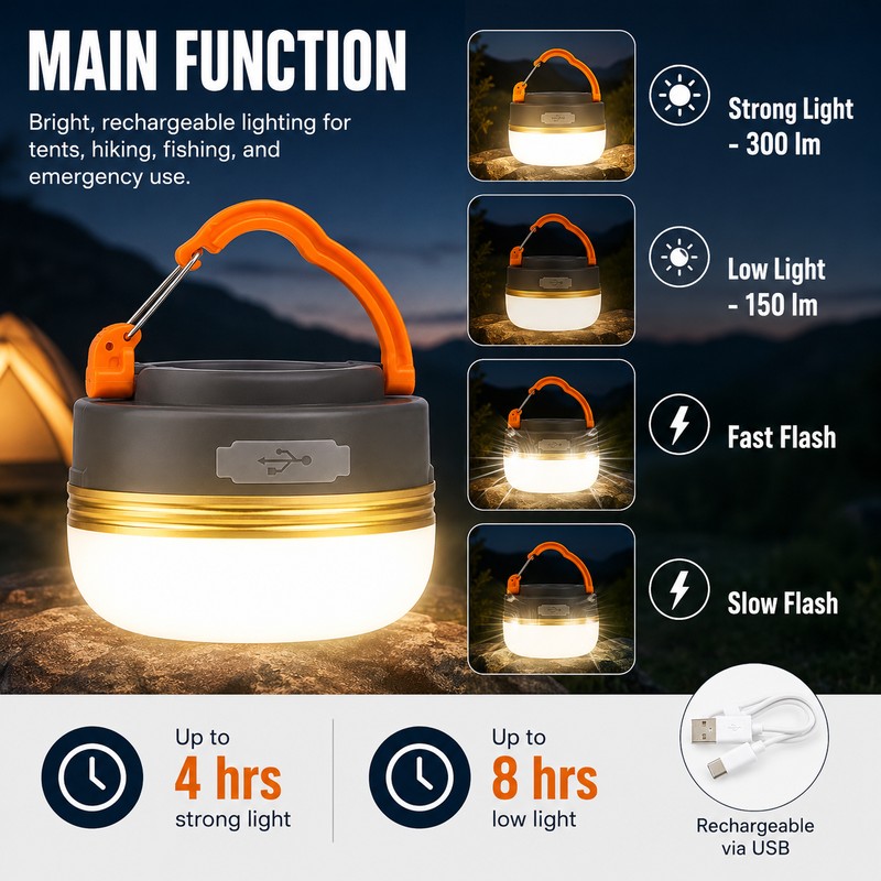 Rechargeable Camping Lantern for Outdoor Use – 4-Mode LED Tent