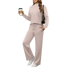 XIEERDUO Womens Loungewear Sets Two Piece Fall Outfits 2 PC Long Sleeve Lounge Set Comfy Travel Tracksuit Vacation Wide Leg Mock Neck Airport Track Suit Women's Winter Cruise Resort Wear Apricot XL