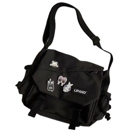 Pbkabiug Cute Nylon Messenger Bag for Women Kawaii Shoulder Crossbody Bag with Kawaii Accessories Aesthetic Tote Bag (Black Chapter)