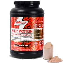AMPOWER Chocolate Whey Protein Powder | Scientifically-Designed Optimum Muscle Stack, Gut, Brain, Immune | Protein, BCAA, Creatine, L-Glutamine, Probiotics, Digestive Enzymes | Rich Chocolate, 38.9oz