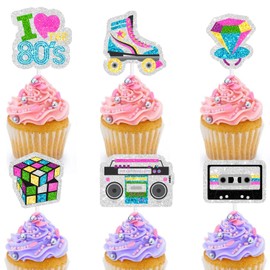 18 pcs Back To The 80s Picks Cupcake Toppers - I love the 80s Retro Throwback Theme Man woman happy Birthday Party Event Glitter Decoration Supplies