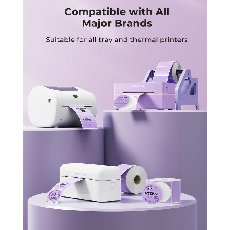 MUNBYN 3 Inch Purple Circle Thermal Sticker Labels, Multi-Purpose Self-Adhesive