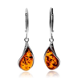 SilverAmber Jewellery UK - Genuine Cognac Baltic Amber set in 925 Sterling Silver Drop/Dangling Teardrop Modern Earrings - G029C