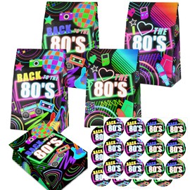24 Pcs 80'S Goodie Bags with Stickers - 80'S Themed Birthday Party Favor Bags, Perfect for 80'S Party Supplies and Treat Bags