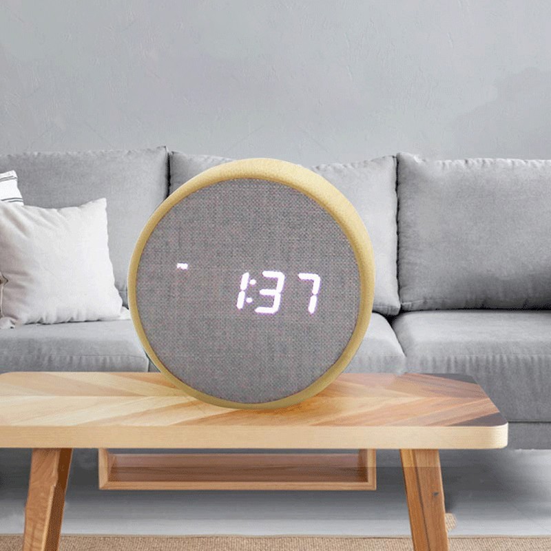 Digital Alarm Clock Round LED Voice Control Brightness Adjustable 12h