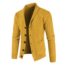 JMIERR Men's Cardigan Sweaters Fall Casual Long Sleeve Shawl Collar Button-Down Wool Blend Cable Knit Sweater with Pockets,XL,D Yellow