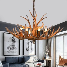 Xuthusman 6-Light Vintage Rustic Resin Deer Horn Chandelier Antler Pendant Lamp Candelabra Chandelier Hanging Lamp Decor