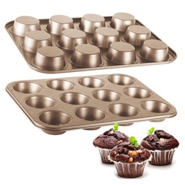 TAOUNOA Muffin Pan for Baking, Nonstick Cupcake Pan Set of 2, 12-Cup Muffin Tin, Premium Round Cheesecake Pans, Dishwasher Safe - Gold Grey