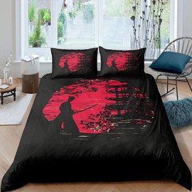 Samurai Bedding Set Sunset Duvet Cover Japanese Samurai Quilt Cover Scenery Silhouette Comforter Cover Room Decoration For Men (1 Duvet Cover With 1 Pillow Case),Single Size