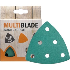 Multiblade Professional Velcro Sanding Triangles 93 x 93 x 93 mm, Pack of 10, Grain 360, 6 Holes, for Wood and Metal, Professional Quality, for Delta Sanders, Sanding Pads