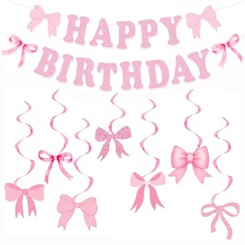 Pink Birthday Party Decorations Pink Bows Birthday Banner With Hanging Swirls Party Supplies for Women Girls Kids, Teens Adults