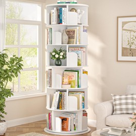 Aheaplus 6 Tier Rotating Bookshelf, Wood Spinning Bookshelf Tower, Round Revolving 360 Bookcase, Narrow Turning Book Shelf Rolling Corner Organizer for Small Space, Bedroom, Office, White