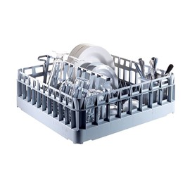 Multi-Purpose Commercial Dishwasher Basket (500mm) with Glass Recliner, Cutlery Basket and Plate Insert. Removable Accessories for Washing Glassware, Plates and Cutlery, Gray, 500x500x180mm
