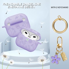 AIIEKZ Flower Engraved Case Compatible with AirPods 3 Case Cover 2021, Soft Silicone Case for AirPods 3rd Generation Case with Cute Flower Keychain and Carabiner for Girls Women (Lavender Purple)