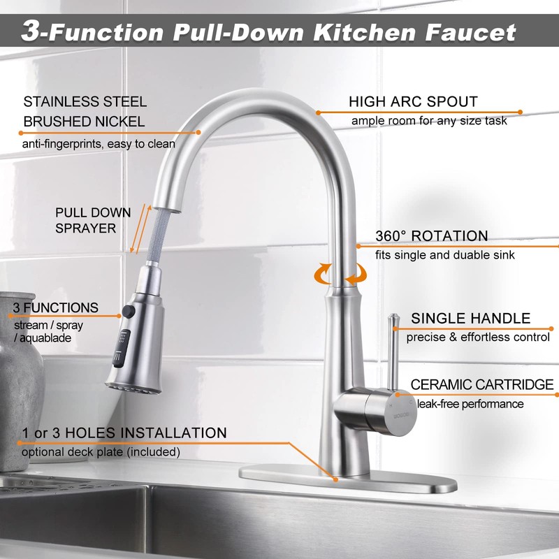 WOWOW Kitchen Faucet with Pull Down Sprayer, Stainless Steel Brushed