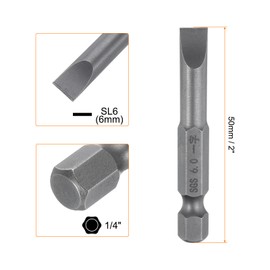 sourcing map SL6 Magnetic Slotted Screwdriver Bits 6mm S2 Steel Flat Head Screwdriver Bit 1/4" Hex Shank Industrial Grade Screw Driver Drill Bits 50mm (2") Long for Screws