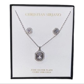 Christian Siriano Silver Square Pendant Necklace and Earrings Set New