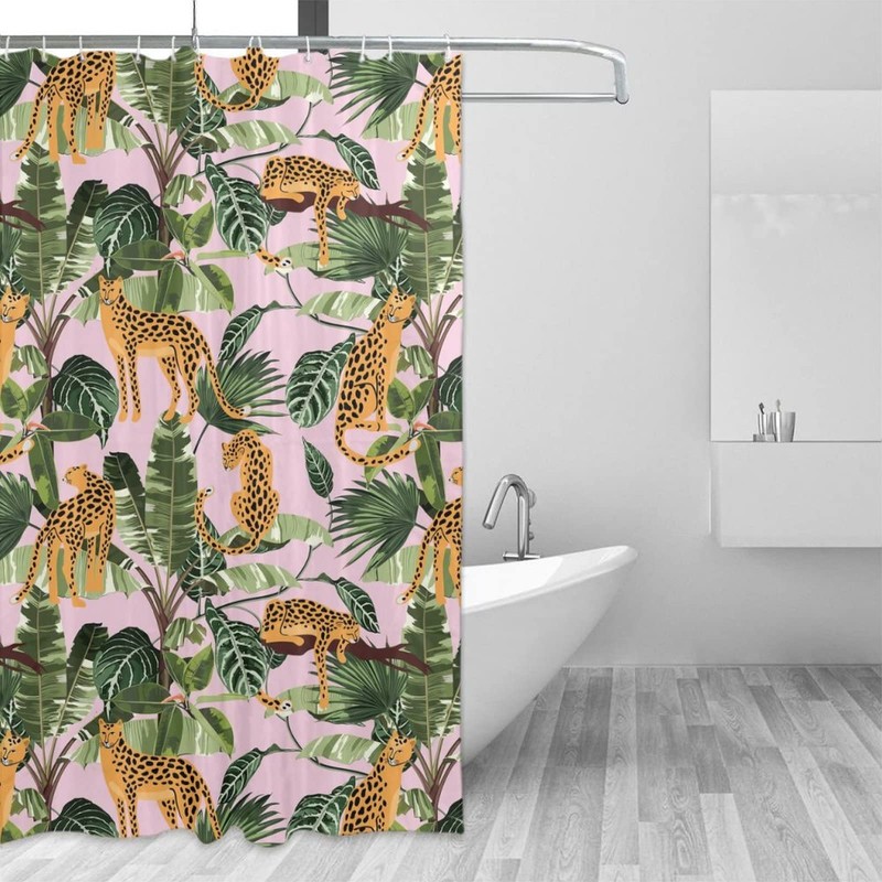 INSFBRB Leopard Palm Leaves Waterproof Fabric Shower Curtain,Abstract Boho Wildlife