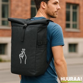 Huuraa K-Pop Messenger Backpack Finger Heart Sign Gift 30-44 Litres Black Melange Roll-Top Fairtrade K-Pop Finger Heart Gift Idea