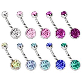 Steel Navel Piercing Set, 10 x Bananas, 1.6 mm with 8 mm and 5 mm Stone Ball, 316L Steel