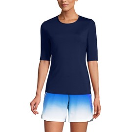 Lands' End Womens Elbow Sleeve Crewneck Swim Tee Rash Guard Deep Sea Navy Regular Large