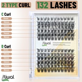 Liwal DIY Lash Extension Kit 132 Cluster Lashes & Individual Lashes with Bond & Seal, Remover, Tweezers Lash Extension Kit for Natural Look at Home, C & D Curl (Mix 8-16mm Volume)