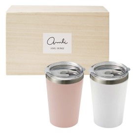 Dolce Duo DAM-240 Thermo Tumbler with Lid, Hot and Cold Insulated, Stainless Steel, Vacuum Insulated, Double Wall Structure, Cup Holder, 13.5 fl oz (400 ml), Set of 2, White, Pink, Convenience Store Cup, Coffee, Takeout, Gift Set, Wooden Box