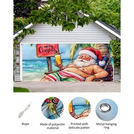 Merry Christmas Garage Door Decorations Banner, Santa Claus Vacation by The Sea Men Women Boys Girls Birthday Party Holiday Supplies, 6.9x8 FT Indoor/Outdoor Large Banner for Yard Fence Background
