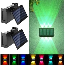 Sunvivo Solar Wall Lights Outdoor,Cordless,Waterproof IP65,Adjustable PV Panel,Up and Down Lamp Wall Sconce Deco Light for Exterior Wall Garage Fence Yard Patio Café Pub-2 Pack RGB(red,Green,Blue)