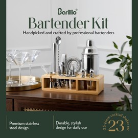 Barillio Bartender Kit - Stainless-Steel Cocktail Shaker Set w/Bamboo Stand - Mixology Bar Tools w/Drink Shaker, Mixer Spoon & Muddler for Cocktails - Home Bar Accessories - 23-Pc Bar Set - Silver