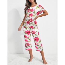 Ekouaer 2 Pack: Womens Pajamas Short Sleeve Sleepwear Tops and Capri Pants Pjs Print Pajama Sets Pink Flowers, Black Flowers XL