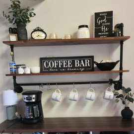 OLDRAINBOW Industrial Pipe Shelving Pine Shelf,Pipe Shelves with Wood Planks,Wall Mounted Bookshelf,Floating Bar Shelves(2 Tier 48In)